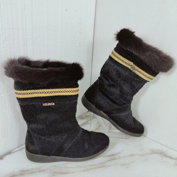 VTG Tecnica Black Goat Fur Aztec Style Trim Apres Ski Winter Snow Boots, 6 - Picture 2 of 8